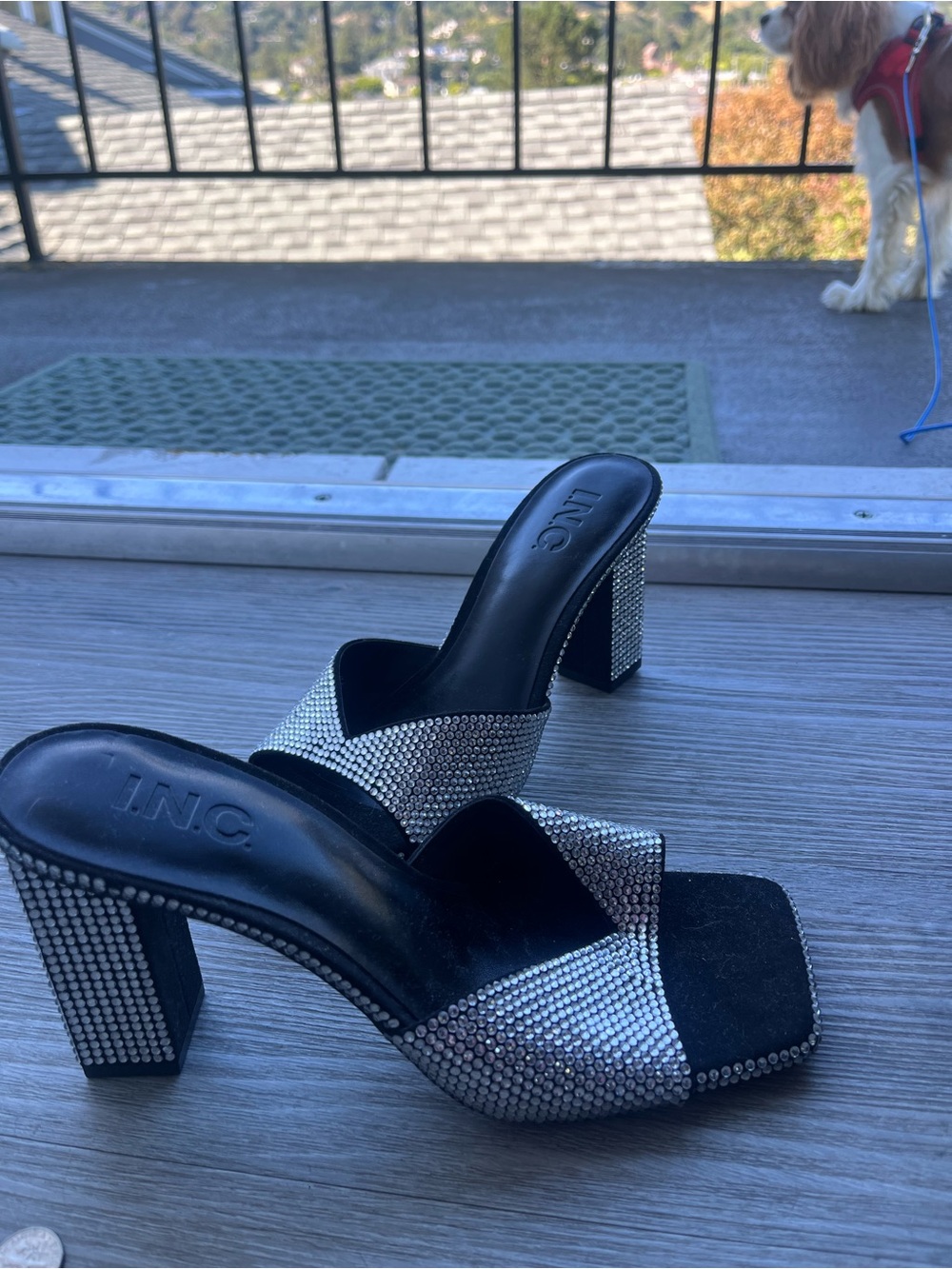 INC International Concepts Silver Rhinestone Block Heel Slide Sandals